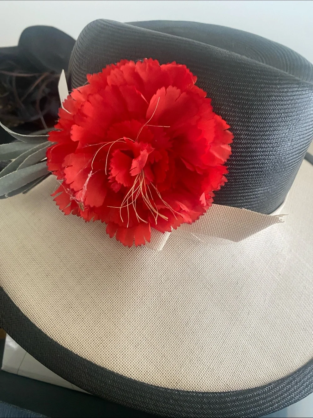 Vintage Two-Tone Wide Brim Hat with Red Floral Accent - Picture 3 of 3